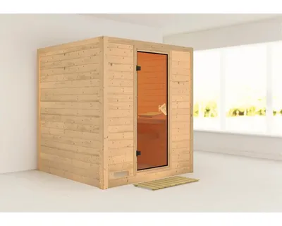 Produktbild von Massivholzsauna Karibu Wojave ohne Ofen und Dachkranz mit bronzierter Ganzglastüre