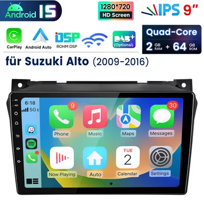 Obrázek produktu pro 9" autorádio s CarPlay a Android 15 pro Suzuki Alto (2009–2016) – GPS navigace, Wi-Fi, Bluetooth, DAB+, SWC, USB, DSP, 2 GB + 64 GB