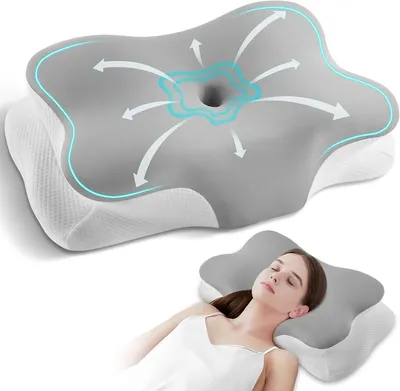 Produktbild von Nackenstützkissen aus Memory-Schaum – Ergonomisches Kissen – Für einen komfortablen Schlaf – Verstellbare Höhe – 64 x 38 cm – Hellgrau