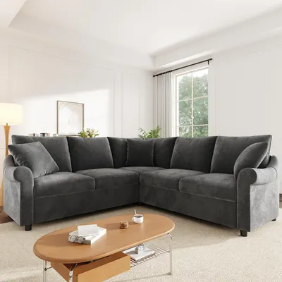 Obrázek produktu pro Rohová sedačka okwish ve tvaru "L" pro 5 osob, s měkkým čenillem, prostorná sedačka, moderní design, šedá barva