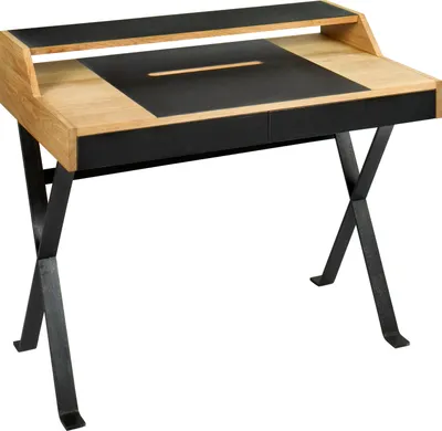 Produktbild von Stanley Schreibtisch Eiche massiv, geölt Schreibunterlage und Schubladenblenden Linoleum schwarz Gestell: Eisenprofil geschweißt Oberteil 556316 Unterteil 556317 105  x 60 cm H gesamt 85 cm