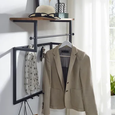 Produktbild von WOHNLING Design Wandgarderobe Mango Massivholz Metall 60x76x26 cm Hakenleiste mit Ablage und Kleiderstange Flurgarderobe Garderobe Wand Holz