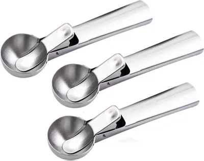Produktbild von 3er Set Eisportionierer aus Edelstahl, Eiskugelformer Ø-5cm Eislöffel mit Auswerfer Löffel für Eis, Melonenkugeln Küchenhelfer, Eisdipper, Eisspatel, Sorbetportionierer Eiskugelportionierer 18 cm