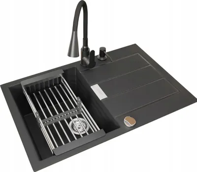 A black granite composite kitchen sink with a flexible faucet and a drying rack.