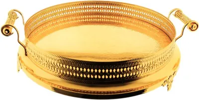 Produktbild von Serviertablett Silber 45 cm - Rund mit Griffen & Ornamentrand Gold