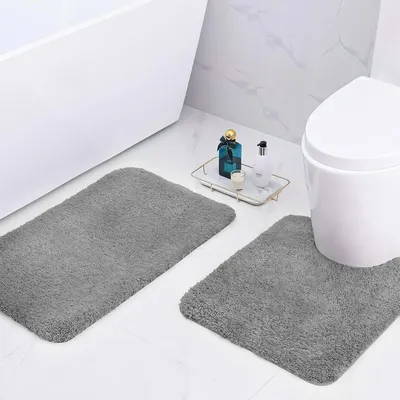 Image de Tapis de bain en microfibre, tapis de bain extra-épais de 2 cm, tapis de bain ultra-absorbants de 50 x 80 cm et 50 x 50 cm en forme de U, gris