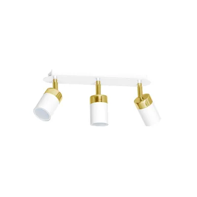 A white ceiling spotlight with three adjustable heads, each featuring a white cylinder and a gold accent.