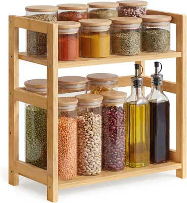 Image de Étagère à épices à 2 niveaux - Étagère de cuisine en bambou - À placer sur le plan de travail - Beige