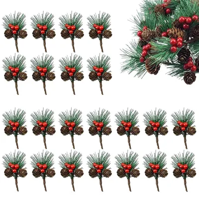 20 künstliche Tannenzweige mit Beeren und Zapfen, 8 cm