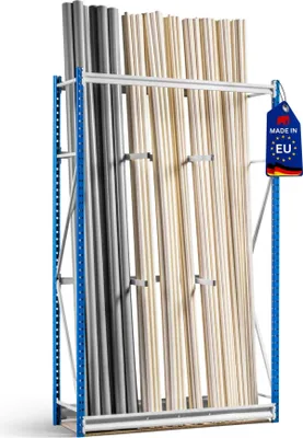 Produktbild von Vertikalregal MAXIMUS | Grundregal | HxBxT 240x175x50cm | 3 Ablagezonen für Langgut, Holz, Paneele, Rohre | Signalblau/Lichtgrau | Stehregal Langgutregal Lagerständer