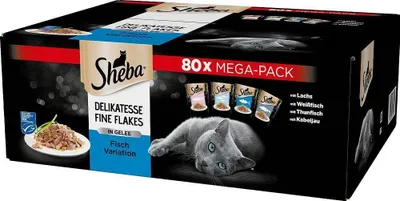 Produktbild von Sheba Delikatesse Fine Flakes, Mega Pack – Katzenfutter nass, Fischauswahl in Gelee mit Lachs, Weissfisch, Thunfisch und Kabeljau Schalen 80 x 85g
