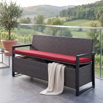 Produktbild von Poly-Rattan 3er Sitzbank HWC-F39, Gartenbank Truhenbank, Staufach Aufbewahrung Sitzkissen  grau, Kissen bordeaux