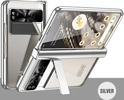 A silver foldable phone case is shown in an open position with a kickstand.