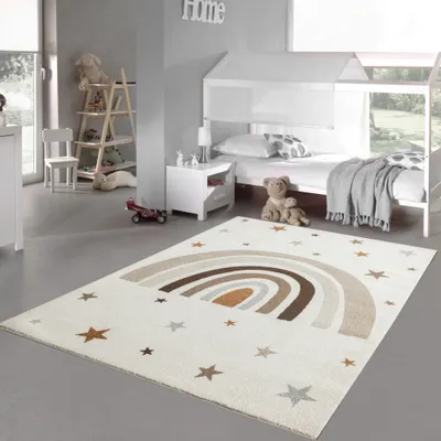 Produktbild von Weicher Kinderteppich mimt Stern und Regenbogen muster in Creme Größe - 80 x 150 cm