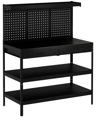 Produktbild von Moonbite Werkbank 122 x 61 x 156 cm mit Lochwand und 2 Schubladen, verstellbare Regale, Tragkraft 272 kg, Werkstatt und Garage, MDF-Platte und Stahl, Schwarz