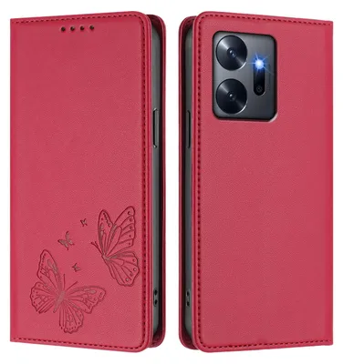 Produktbild von Lederhülle für Infinix Zero 20, Schmetterling Prägung Leder Brieftasche Schutzhülle mit Ständer Rot