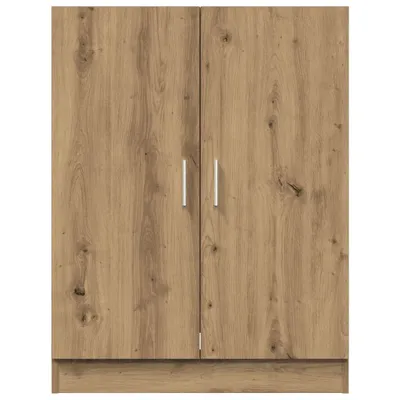 A closed wooden cabinet with two doors and two silver handles.