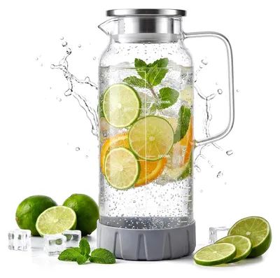Immagine prodotto di Caraffa in vetro borosilicato da 2 litri, con coperchio in acciaio inossidabile e base in silicone, ideale per la cucina
