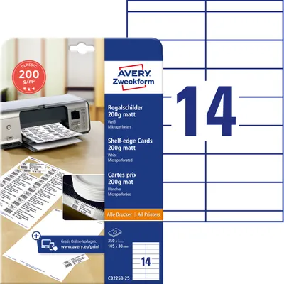 Produktbild von Avery Zweckform C32258-25, Regalschilder, 105 x 38 mm, beidseitig beschichtet, 350 Karten / 25 Bögen