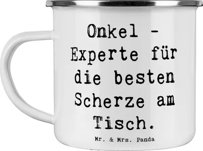 Produktbild von Mr. & Mrs. Panda Pott Spruch Onkel Scherzkönig - Weiß - Geschenk, Emaille Tasse, Familienangehöriger, Patenonkel, Freude, Ersatzvater, Haferl, personalisierte Geschenke