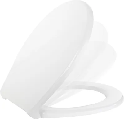 A white toilet seat with a soft-close mechanism, shown from a slightly elevated angle.