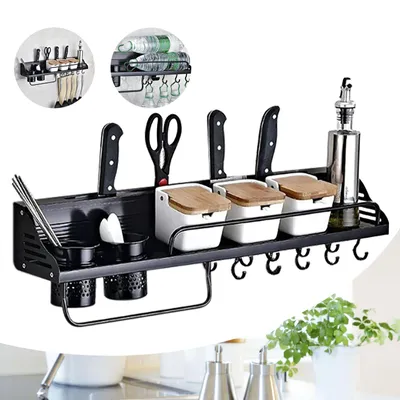 Produktbild von Gewürzregal mit 10 Haken 80CM Küchenregal Küchen Wandregal Wand Küchenablage (Schwarz)