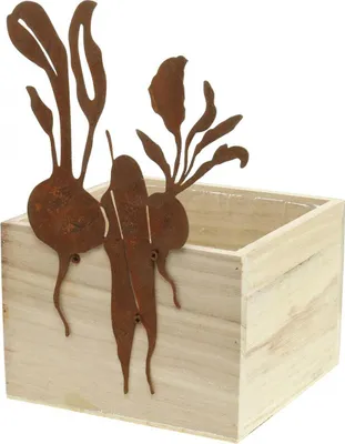 Produktbild von Pflanzkiste aus Holz mit Rostdeko, Gemüse-Dekoration, Übertopf, Mini-Beet, 17×17×12cm