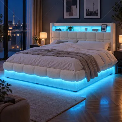 Imagen del producto de INONEFT, cama doble tapizada de 160x200 cm con LED, cama juvenil para niños con espacio de almacenamiento, cama con espacio de almacenamiento y somier, estructura de cama de forro polar tipo "teddy", color beige