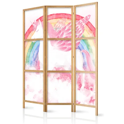 Zdjęcie produktu dla Parawan dla dzieci 135x171 cm 3-częściowy jednostronny elegancki parawan do pokoju ścianka działowa ścianka działowa do pokoju drewniany motyw deco domowe biuro tęcza e-A-10030-bh-b
