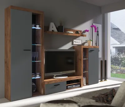 Produktbild von Tkmoebel Schrankwand Wohnwand Rumba Anbauwand Wohnkombi Wohnzimmer Breite 270cm,Eiche Lefkas/Graphit