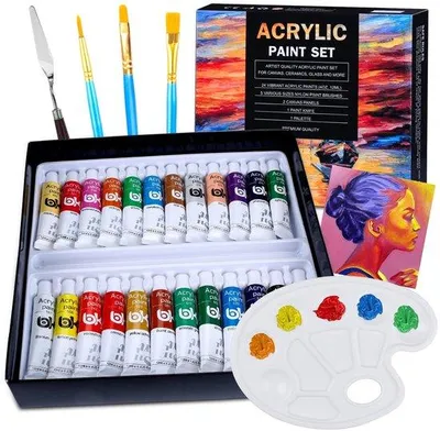 Produktbild von Acrylfarben-Set: 33 Stück – 24 Farben Acrylfarbe – 5 Pinsel – 1 Mischpalette – 2 Leinwände – Ungiftig, ideal für Anfänger – Farbset