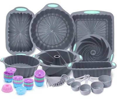 Produktbild von 72-teiliges Silikon Backformen Set - Inklusive Messbecher und Löffel - Grau