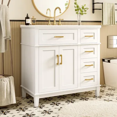 Produktbild von MODFU Badezimmerschrank Weiß,90x46x87cm Freistehende Waschtisch,Badkommode mit Schubladen und Keramik-Waschbecken