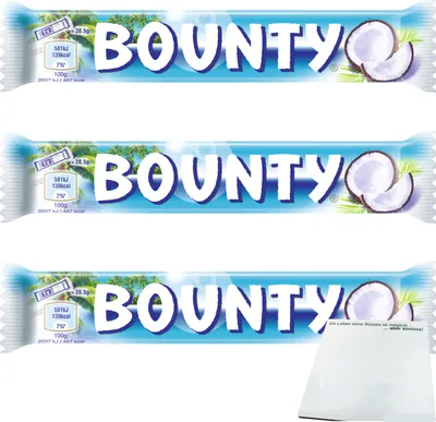 Produktbild von Bounty Einzelriegel Gefüllte Milchschokolade mit saftigem weissem Kokosmark 3er Pack (3x57g Riegel) + usy Block