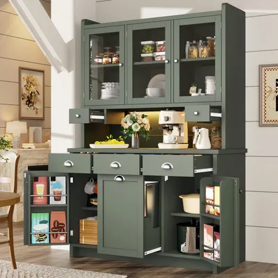 Produktbild von Flieks Küchenschrank mit App-gesteuerter LED-Beleuchtung, Küchenaufbewahrungsschrank mit 3 Glastüren und Großer Stauraum, Sideboards 120x40x180cm, Grü