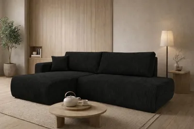 Image de Canapé d'angle  avec fonction couchage et coffre de rangement, velours côtelé Poso, noir, configuration ? gauche, OPEN XL