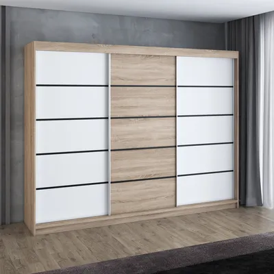 Produktbild von Schwebetürenschrank, 3-türig Schrank 200 cm mit 4 Schubladen, Retrostil Premium! Moderne Garderobe für Kleidung. Verschiedene Farben (Weiß, Schwarz, Somona) Kleiderschrank MES