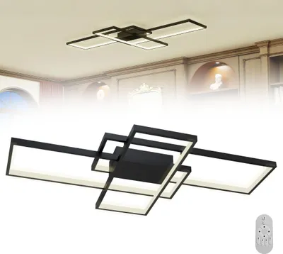A modern black geometric LED ceiling light is shown against a white background, with a smaller image of the light installed on a ceiling in the background.