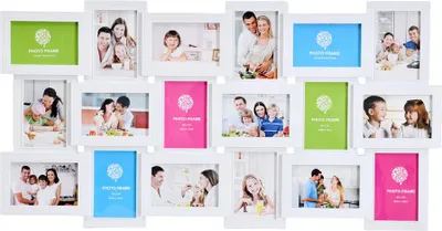 Produktbild von XL Fotocollage Bilderrahmen für 18 Fotos 10 x 15 und 15 x 10 cm Weiß Kunststoff 89 x 46 x 2,5 cm mit 3D Optik Wandmontage Hochformat oder Querformat transparente Abdeckung einfacher Fotowechsel