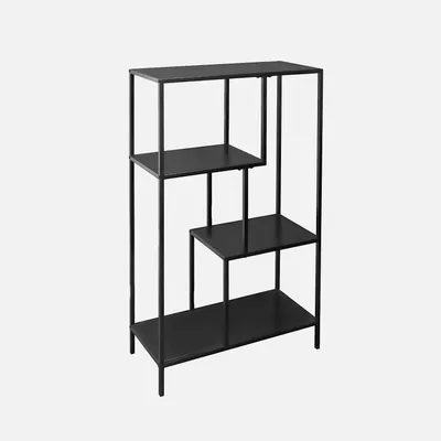 A black metal shelf unit with four staggered shelves against a white background.