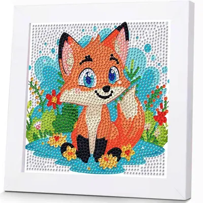 A diamond painting kit featuring a cartoon fox sitting in a garden.