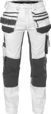 A pair of white and gray work pants with multiple pockets.
