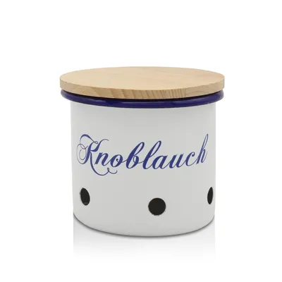 Produktbild von Karl Krüger 135492/B Vorratsdose für Knoblauch Serie Husum, emailliert, mit Holzdeckel, Ø 10 cm