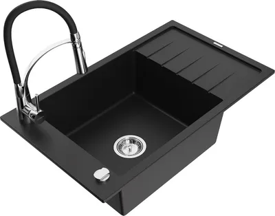 Produktbild von Mexen Elias 1 Becken-Granitspüle mit Abtropffläche und Mischbatterie Aster, Schwarz - 6511-77-73450-07