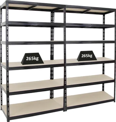 Produktbild von Mega Deal | 2x Schwerlastregal Giant Tiger XL | HxBxT 220x120x60cm | Fachlast 265kg | 6-Ebenen | Schwarz | Garagenregal, Lagerregal, Steckregal, Kellerregal, Werkstattregal
