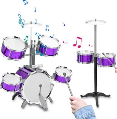 Zdjęcie produktu dla Zestaw perkusyjny, zestaw jazzowy ze stołkiem, 7 bębnów, muzyczne instrumenty perkusyjne dla początkujących, prezenty świąteczne, zagęszczona główka bębna z PVC, łatwy montaż