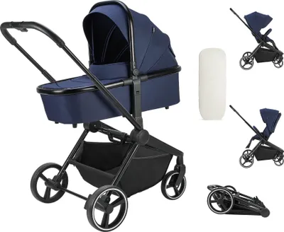 Produktbild von Booboo Jazzi Kinderwagen, 2 in 1 Kombikinderwagen mit Sportwagen + Babywanne, ab Geburt bis 22 kg, leicht, kompakt, große Räder - Navy