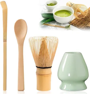 Produktbild von Matcha Set - Japanisches Matcha Schaumset - Bambusbesen - 2 Matcha Löffel - Besenhalter - Traditioneller Matcha Tee