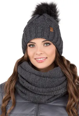 Produktbild von Vivisence damen bommelmütze und schal set warm kopfbedeckung und halsbedeckung an winter und herbst warm dick, wintermütze mit bommel, winterset für frauen, hergestellt in der eu, dunkelgrau, einheits