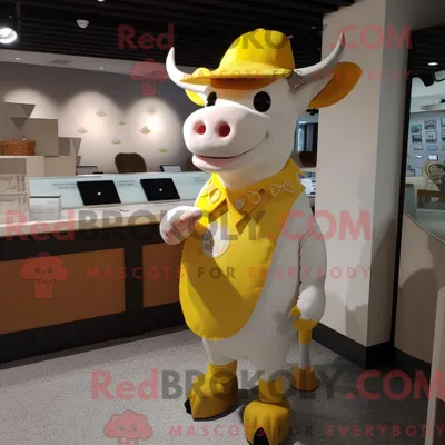 Produktbild von Maskottchen REDBROKOLY einer zitronengelben Hereford-Kuh mit Overall und Geldbörse